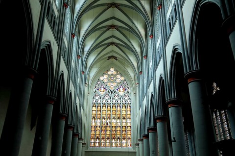 Ceiling vault and stained glass windows of the west façade, Altenberg Cathedral, Bergischer Dom,