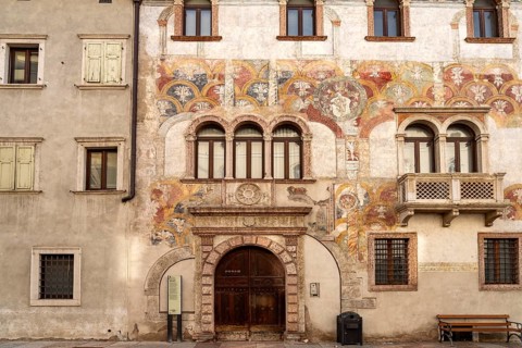 The painted façade of the Palazzo Quetta - Alberti Colico palace in Trento, Trentino, Italy, Europe