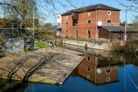 Quay House theatre red brick former granary building, River Stour navigation, Sudbury, Suffolk,