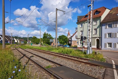 Railway tracks with overhead line and barrier near Gengenbach, Black Forest, Ortenaukreis,