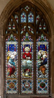 Stained glass window of Jesus Christ and Last Supper, church of Saint Peter, Sudbury, Suffolk,