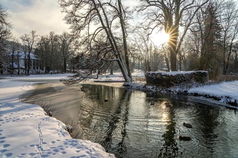 The snow-covered Gräflicher Park in Bad Driburg in winter, North Rhine-Westphalia, Germany, Europe