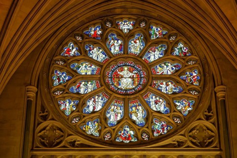 Round or rose stained glass window 1877 by Hardman, Bristol cathedral church, Bristol, England, UK