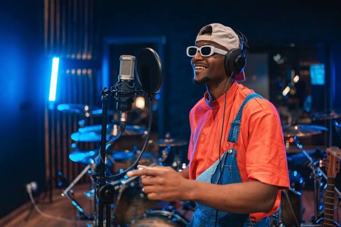 Young, stylish male singer enjoying the creative process of recording a new hit album in a