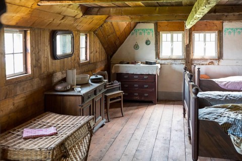 View of the bedroom under the roof, Seiffen Open-Air Museum, Erzgebirge, Saxony, Germany, Europe