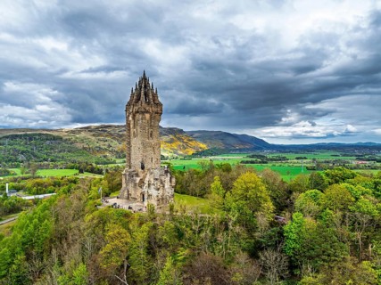 The National Wallace Monument or William Wallance Monument from a drone, Stirling, Scotland,