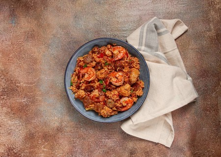 Jambalaya, Creole dish, American pilaf, rice with chicken and shrimp, vegetables, homemade, no