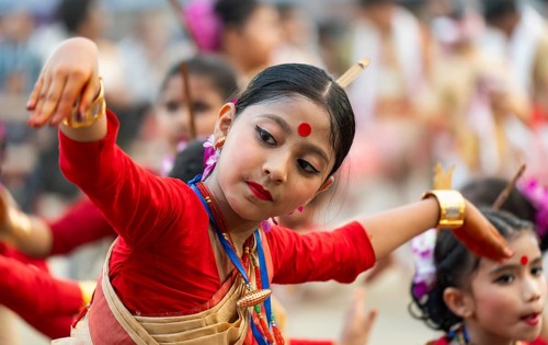 Participants dance on the final day of a Bihu dance workshop ahead of Rongali Bihu Festival, in
