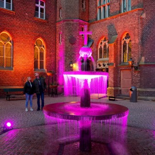 Kevelaer in the light, light installation inner courtyard of the confessional chapel with fountain