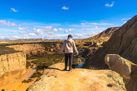 Tourist standing on cliff edge, admiring the geological formations and vast landscape of bardenas