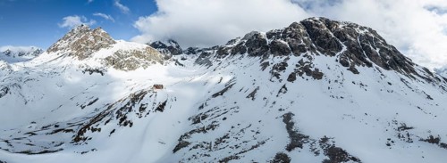 Aerial view, Piz Jenatsch and Piz Picuogl, winter in the mountains, Chamanna Jenatsch CAS, Swiss