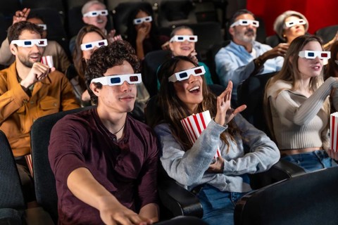 Diverse group of friends wearing 3d glasses, watching a movie at the cinema and eating popcorn,