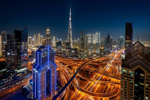 Dubai skyline at night, Burj Khalifa tallest building in the world, United Arab Emirates, Asia