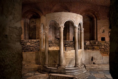 Interior view of the crypt, remains of the Roman baths, Hagios Demetrios church, also known as
