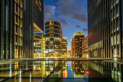 Modern high-rise architecture in the Media Harbour quarter in Düsseldorf at dusk, North
