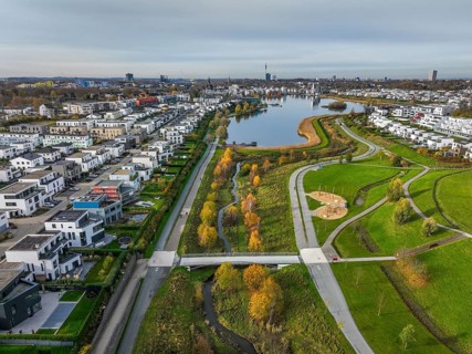 Dortmund, North Rhine-Westphalia, Germany, Phoenix Lake, front of the renaturalised Emscher. The