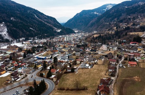 Drone image, residential buildings, view of town, Radenthein, Gegendtal, Carinthia, Austria, Europe