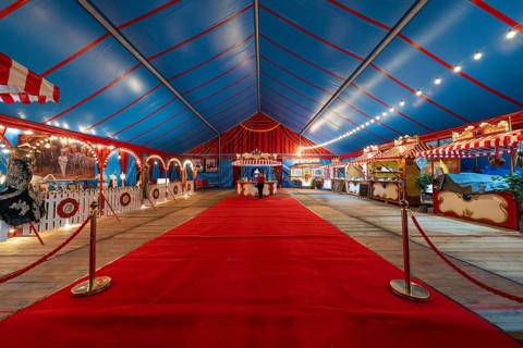Magnificently decorated circus tent with red carpet inside, Böblingen, Germany, Europe