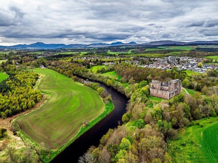 Doune Castle from a drone, Doune, Stirling, Scotland, England, United Kingdom, Europe
