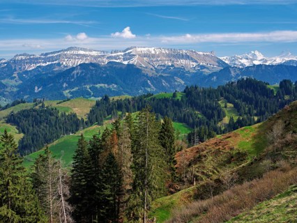 View from the Rämisgummen to the Schrattenfluh, Emmental, Canton Bern, Switzerland, Europe