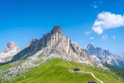 Stunning landscape featuring the rugged peaks and verdant slopes of passo giau in the italian