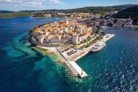 The old town centre of Korcula town seen from the air, Croatia, Europe