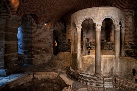 Interior view of the crypt, remains of the Roman baths, Hagios Demetrios church, also known as