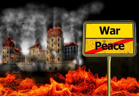 Symbolic image, War and Peace street sign in front of bombed-out city, Ukraine war, Russia as