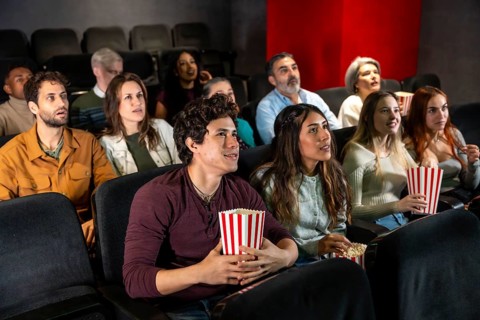 People of different ages and ethnicities are watching a film in a movie theater, holding popcorn