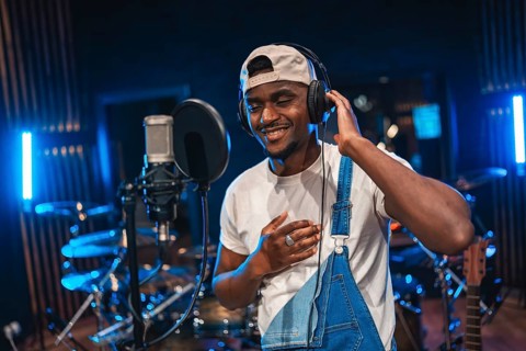 Young happy african american singer recording a song in professional music studio with blue lights