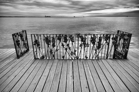 Pier, rusty love locks, promenade, black and white, Thessaloniki, Macedonia, Greece, Europe