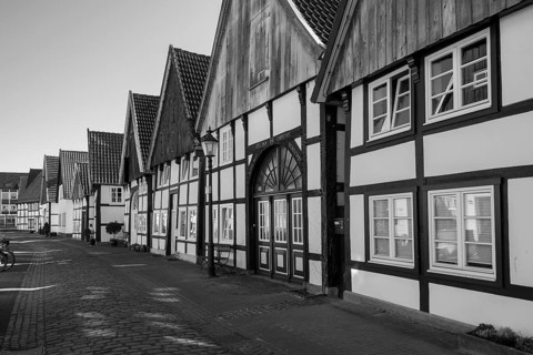 Half-timbered houses in the old town, black and white, Rheda, Rheda-Wiedenbrück, Westphalia, North
