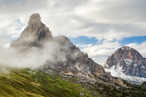 Ra Gusela in the fog and Tofane, Passo di Giau, Dolomites, Belluno, Italy, Europe