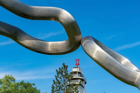 The Grugapark, Gruga Tower and Orion artwork, on the Kranichwiese, in Essen, North