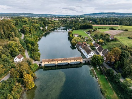 Aerial view of the covered Rhine bridge connecting the Swiss municipality of Rheinau and the German