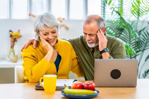 Senior couple doing accountability at home sitting using laptop and expressing happiness