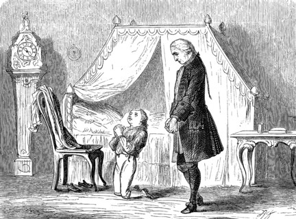 Prince Friedrich at evening prayer, piety, Christian, Prussian history, bedchamber, bed with