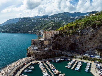 Maiori from a drone, Amalfi Coast, Salerno, Campania, Italy, Europe