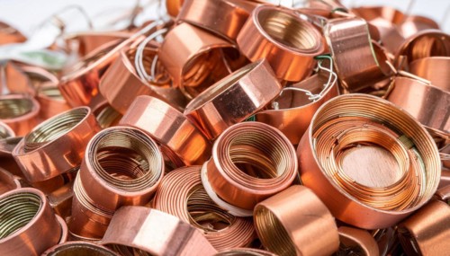 Material, metal, copper, a large amount of copper metal waste on a stockpile for recycling