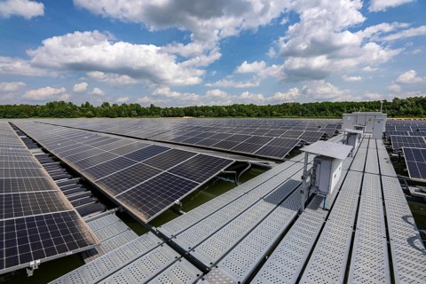 Germany's largest floating solar power plant on the Silbersee III, a quarry pond no longer used for