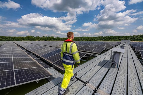Germany's largest floating solar power plant on the Silbersee III, a quarry pond no longer used for