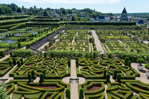 Geometrically designed garden with manicured hedges, labyrinth and architectural elements on a