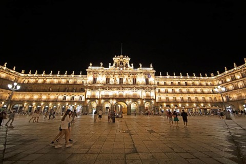Illuminated town hall at Plaza Mayor at night, Salamanca, province of Salamanca, Castile and Leon,