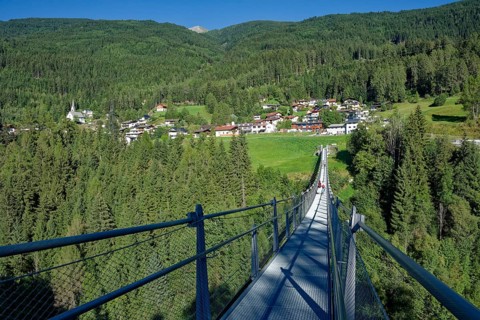 Suspension bridge at Matrei-Trautson Castle, Matrei am Brenner, Wipptal, Tyrol, Austria, Europe