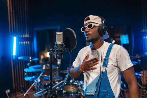 Talented african american male singer wearing trendy sunglasses and headphones, performing a song