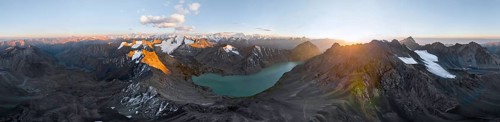 Evening mood, mountain panorama, aerial view, 4000 metre peak with glacier, mountain pass and