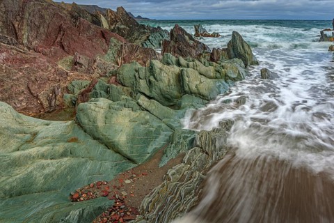 Colourful rocks, rock, coast, sea, waves, cloudy, Varanger Peninsula, Norway, Europe