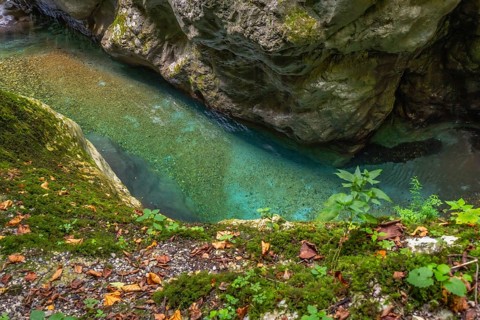 Clear turquoise water flows through the narrow tolmin gorges canyon, surrounded by moss covered