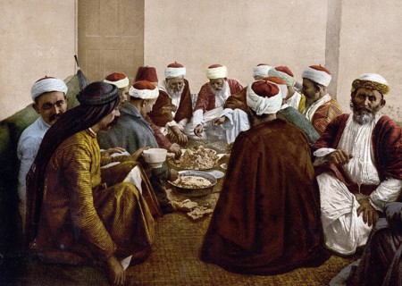Druze from Mount Carmel at a meal, Holy Land (i.e. Israel), Historical, digitally restored