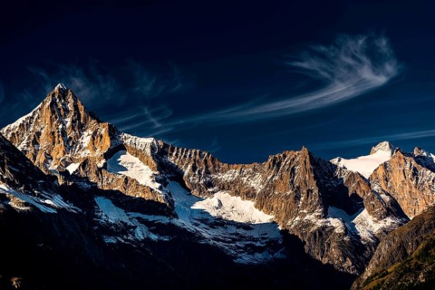 The Bietschhorn near Visperterminen, Swiss Alps, mountain, church, church tower, village, mountain